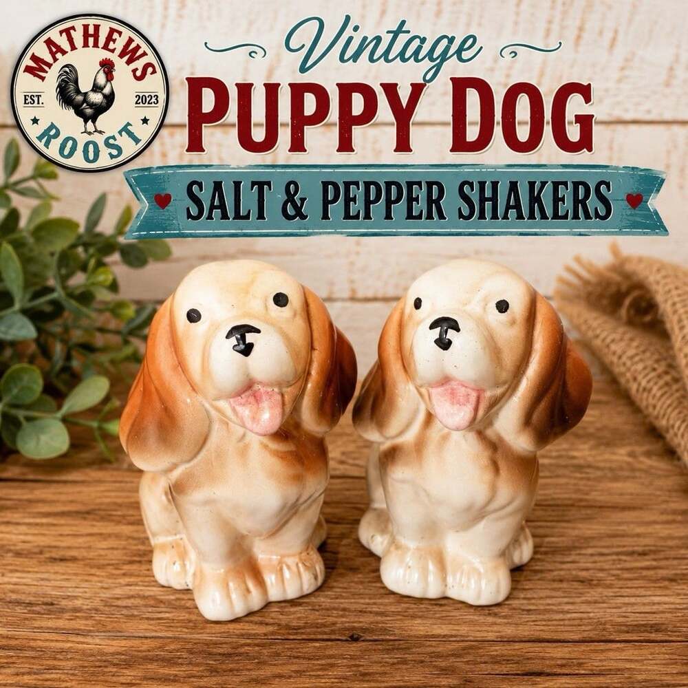 Vintage Puppy Dog Salt & Pepper Shakers Ceramic Farmhouse Cottage Pair